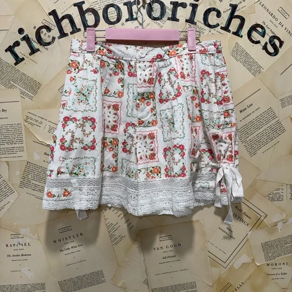 Free People Blooming Lace Shorts Side Tie Hems Floral Lace Trim Ivory Red